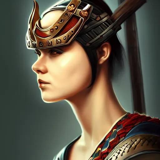 Prompt: full body portrait, thin but strong viking samurai woman, symmetrical beautiful face, relaxed pose, trending on artstation, high resolution, detailed, smooth, dynamic composition, dramatic lighting, trending on artstation, award winning art, sharp focus