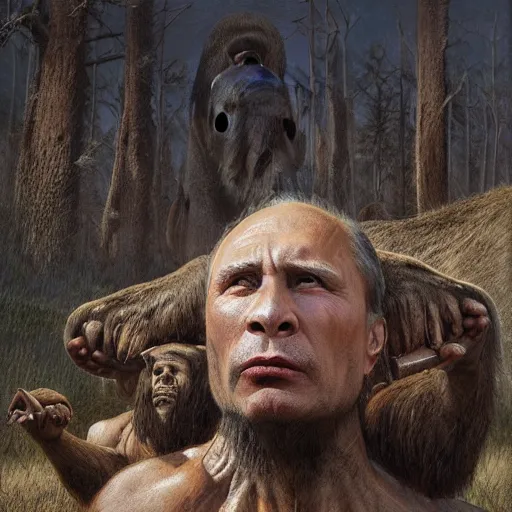 Image similar to vladimir putin, unga bunga mammoth hunting, macabre, by donato giancola and greg rutkowski and wayne barlow and zdzisław beksinski, realistic face, digital art