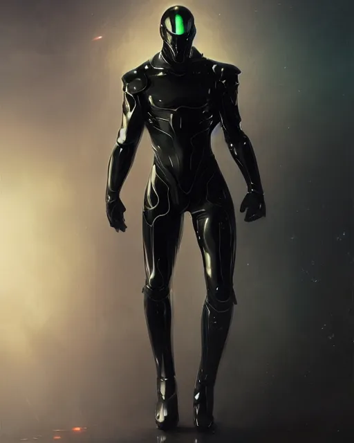 Image similar to iridescent sinewy smooth muscular male sleek glossy black pearlescent scifi armor with smooth black featureless helmet, by greg rutkowski, mark brookes, jim burns, tom bagshaw, trending on artstation