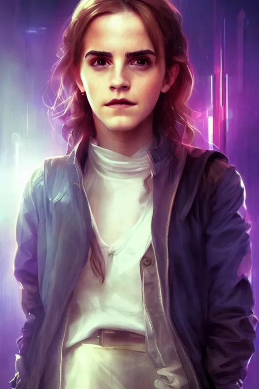 Image similar to portrait of Emma Watson as Hermione Granger in cyberpunk, neon lighting, night city, digital art from artstation by Ruan Jia and Mandy Jurgens and Artgerm and william-adolphe bouguereau and Greg Rutkowski and Wayne Barlowe