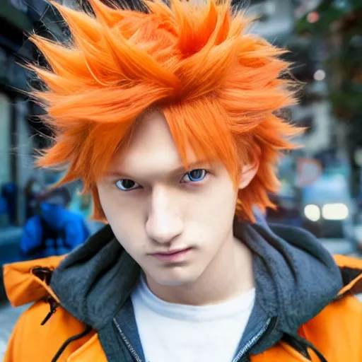 Image similar to orange - haired anime boy, 1 7 - year - old anime boy with wild spiky hair, wearing blue jacket, shibuya street, blue sunshine, strong lighting, strong shadows, vivid hues, raytracing, sharp details, subsurface scattering, intricate details, hd anime, high - budget anime movie, 2 0 2 1 anime