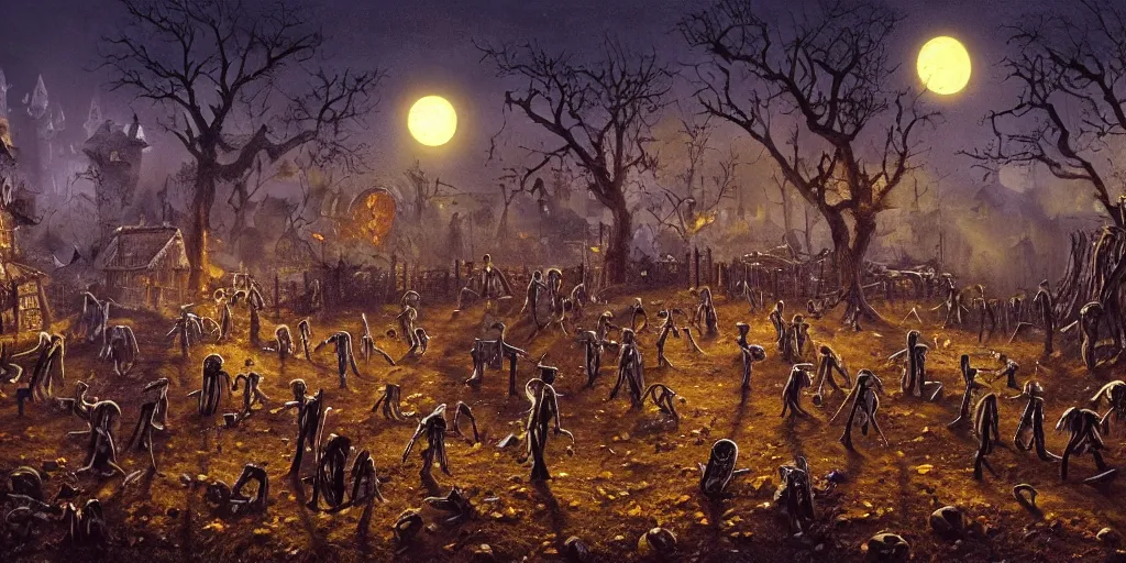 Image similar to a halloween landscape with skeletons ghosts and witches around in november, by Ernest deutsch + Ted Nasmith, cinematic lighting, masterpiece, highly detailed, 8k resolution, trending on art station