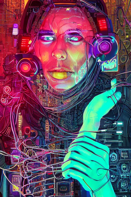 Image similar to stunning highly detailed portrait of a neuromancer hacker with cyber headgear surrounded by wires, neon colors, oil on canvas, strong lighting, by Josan Gonzalez, HD, 4K