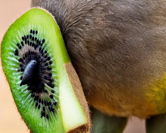 Prompt: a kiwi bird eating a kiwi fruit