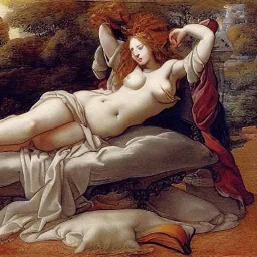 Image similar to by charles le brun, by greg land balmy. a kinetic sculpture of a woman reclining on a bed.