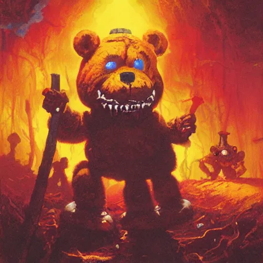 Prompt: freddy fazbear in hell by paul lehr and moebius