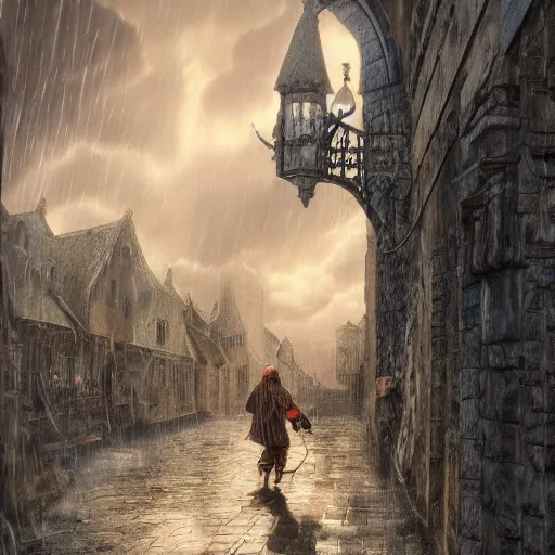 Prompt: portrait of an adventurer, illustration by michael wellen, john stephens, in a medieval city, tone mapping, stormy weather, sleet, trending on artstation