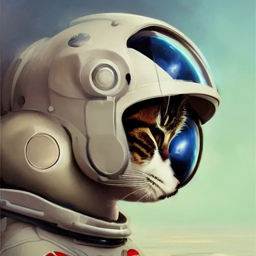 Image similar to head and shoulders masterpiece portrait of a cute adorable cat wearing a spacesuit, surreal background, digital art by krenz cushart, trending on artstation, cgsociety,