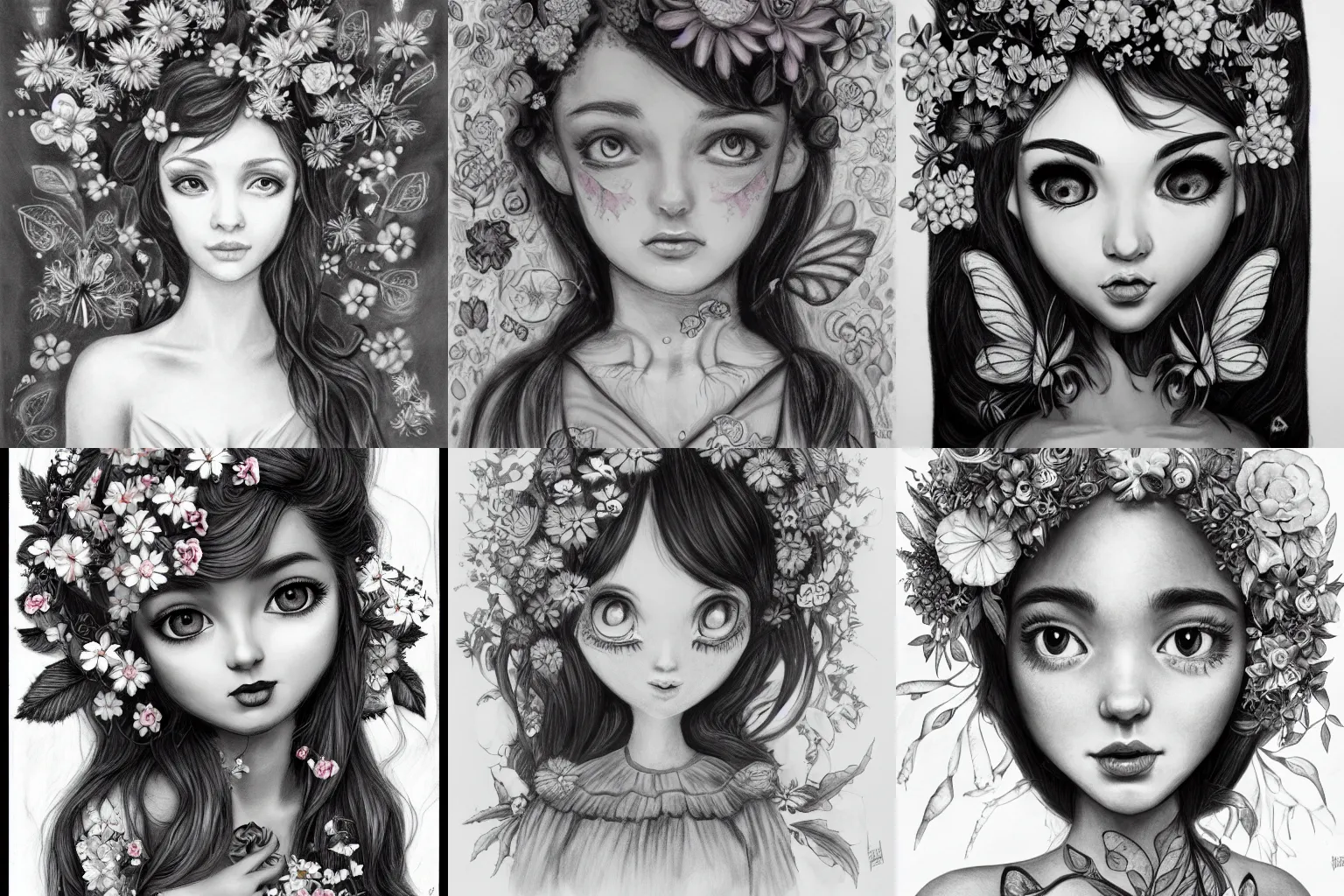 Prompt: a portrait of a cute flower fairy with whimsical big eyes surrounded by flowers, light charcoal drawing, black and white, ink and paper, portrait, trending on artstation, behance, deviantart, drawn by tom lovell, artgerm, jsc, j. scott campbell