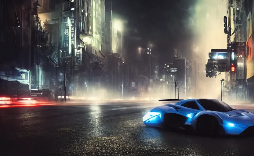 Prompt: a sport vehicle in the streets at night whit blue headlights on by Khyzyl Saleem, night time, stormy wheater, atmospheric, artstaion, concept art, illustration, sharp focus, high detail, octane render, cyberpunk, game