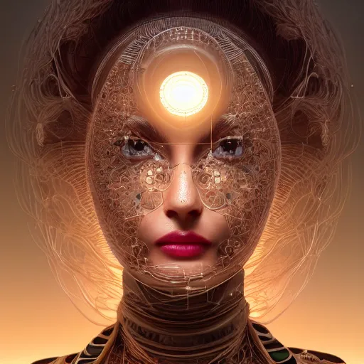 Image similar to very beautiful woman integrating with technology, full face frontal centered, portrait, insipiring, detailed intricate ornate cables connected to head, big open electric eyes, luxurious detailed abundent wiring and implants, diamonds, sci-fi, neon, emeralds, detailed technology full background, highly detailed, artstation, Rene Lalique and Eddie Mendoza and Gil Elvgren