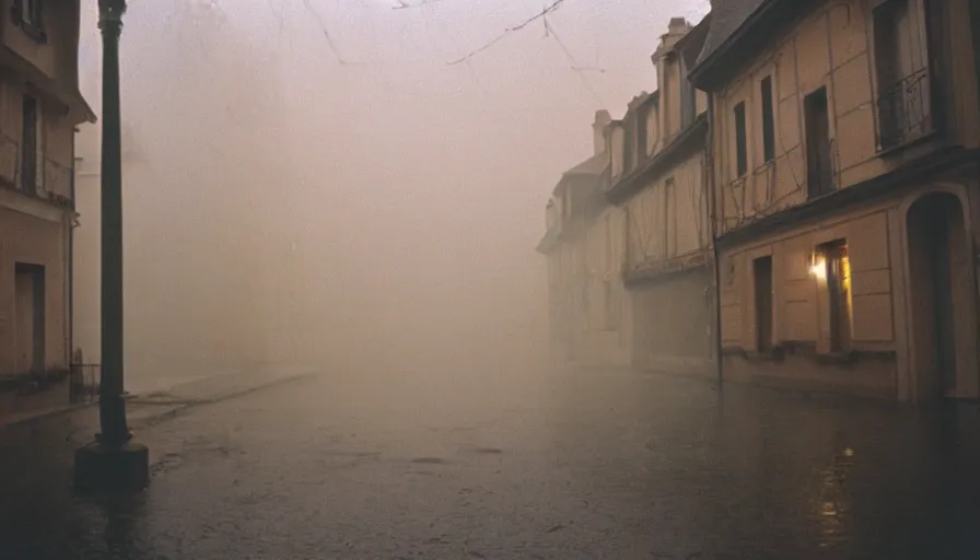 Image similar to 1 9 7 0 s movie still of a heavy burning french style townhouse in a small french village by night rain fog, cinestill 8 0 0 t 3 5 mm, heavy grain, high quality, high detail, dramatic light, anamorphic, flares