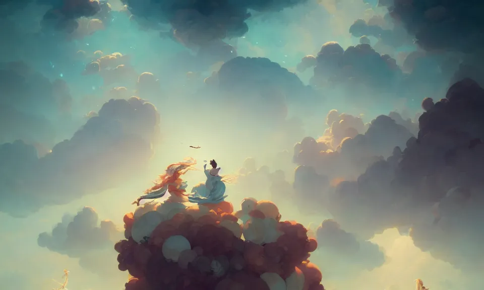 Image similar to happiness and friendship, floating high in the clouds, by peter mohrbacher, victo ngai, greg rutkowski, artgerm, volumetric lighting, intricate, environmental lighting, 4 k