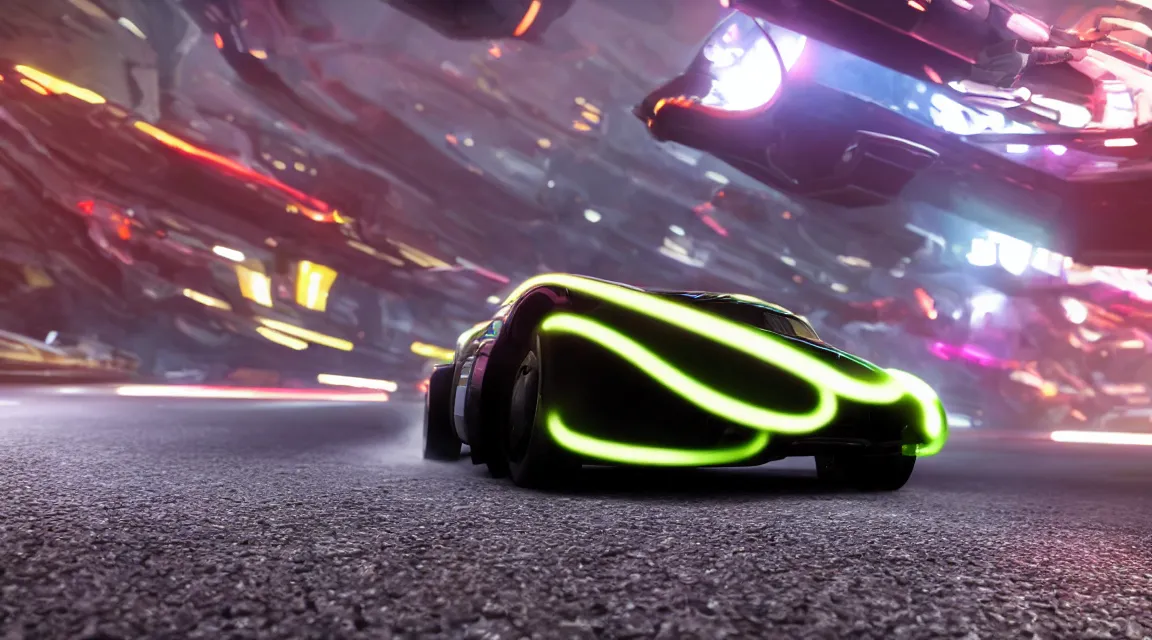 Image similar to mid to close up of a hover car from wipeout hd on a racetrack high motion blur lots of fog and very high depth of field LED strip lights on the road RTX render photorealistic 8k rendered on octane