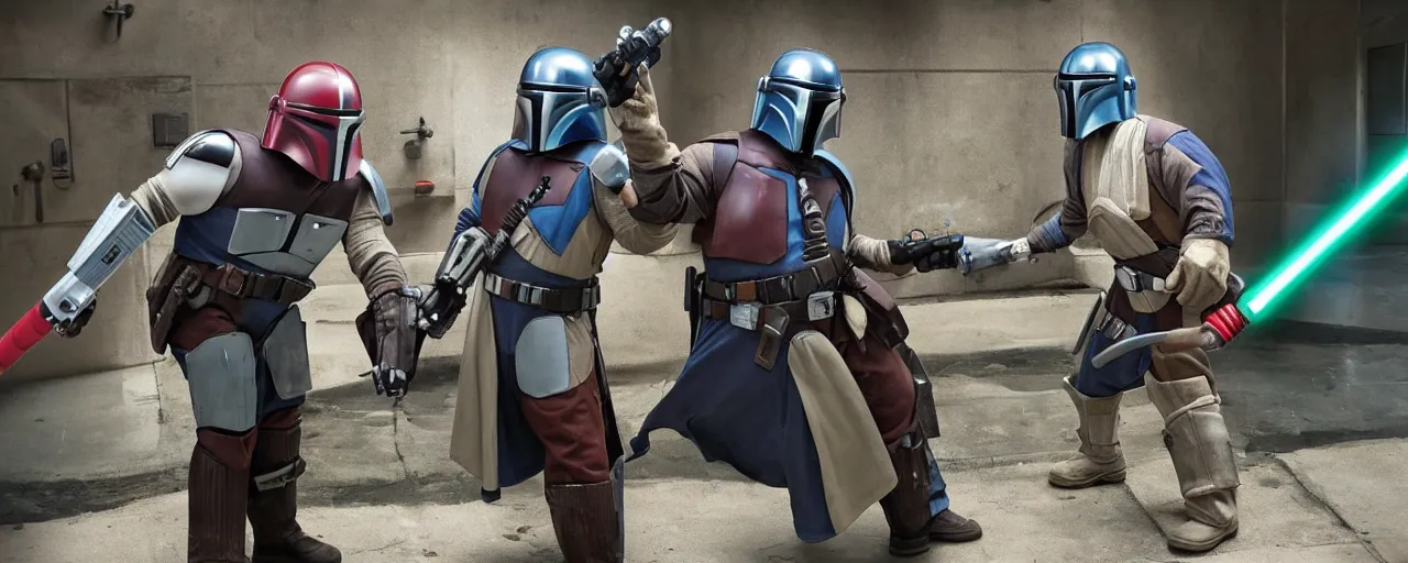 Image similar to overweight plumber wearing overalls and holding toilet plunger duelling with mandalorian holding a lightsaber