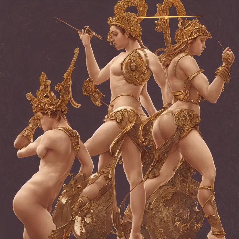 Image similar to symmetry!! intense fanart of 3 / 4 back pose of athena the goddess of war next to aphrodite the goddess of love, intricate, elegant, highly detailed, my rendition, digital painting, artstation, concept art, smooth, sharp focus, illustration, art by artgerm and greg rutkowski and alphonse mucha