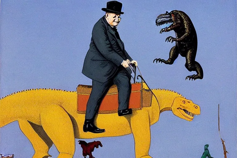 Image similar to Winston Churchill riding a T-Rex, painting by Jean Giraud and René Magritte