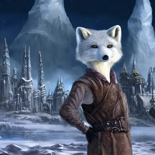 Prompt: anthropomorphic arctic fox wearing leather armor, fantasy city in the background