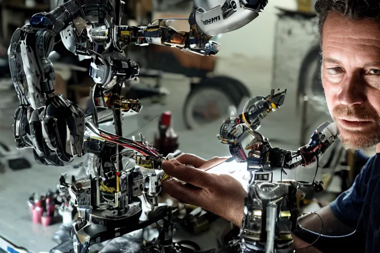 Prompt: cinematography closeup portrait of a Man soldering repairing robot parts in his garage by Neil blomkamp