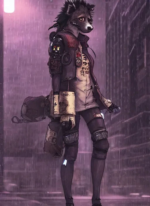 Prompt: character portrait of a female anthro hyena fursona with a cute beautiful attractive furry face and long black curly hair wearing a bulletproof vest in a cyberpunk city at night while it rains. hidari, color page, tankoban, 4K, tone mapping, Akihiko Yoshida.