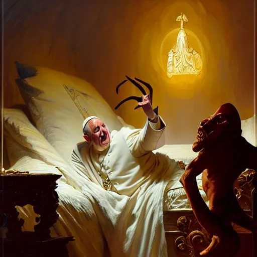 Prompt: the pope is in his bed, nervous and terrified, because a double horned shadow figure ghost from hell is attacking him. highly detailed painting by gaston bussiere, j. c. leyendecker, greg rutkowski, craig mullins 8 k