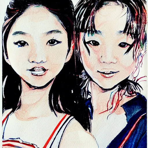 Image similar to a perfect, realistic professional digital sketch of two 80s Japanese schoolgirls posing, in style of Marvel and DC, full length, by pen and watercolor, by a professional American senior artist on ArtStation, a high-quality hollywood-style sketch, on high-quality paper