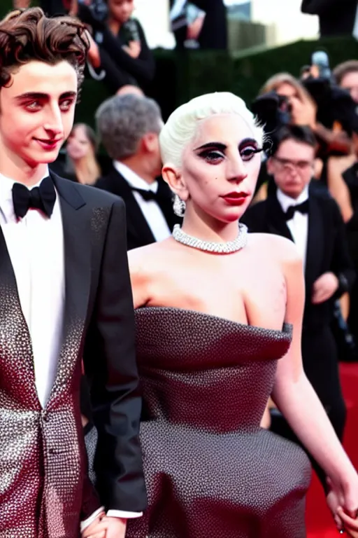 Image similar to timothee chalamet and lady gaga holding hands on the red carpet, beautiful detailed faces