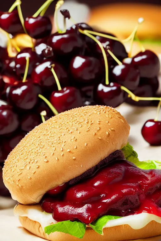 Prompt: mcdonalds hamburger covered in cherries, commercial photography