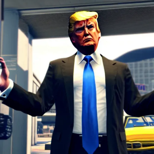 Prompt: donald trump with five stars in gta v gameplay, ps 5 screenshot, third person view, gameplay, 3 d render, cryengine, highly detailed