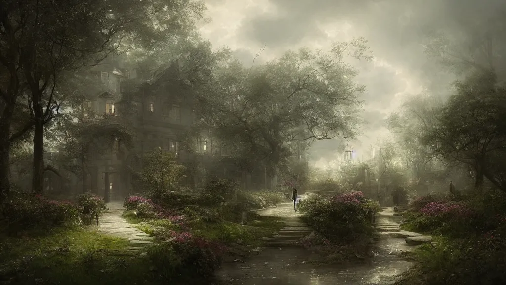 Prompt: this was the start of the journey, leaving the trimmed gardens and clipped hedges of home. andreas achenbach, artgerm, mikko lagerstedt, zack snyder, tokujin yoshioka