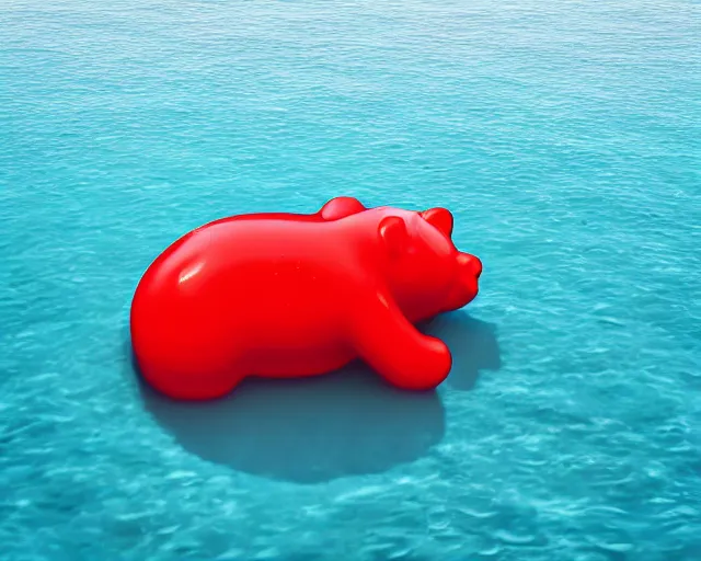 Image similar to a giant sculpture of a giant gummy bear on the ocean water, side shot, award winning, hyper - realistic, very detailed, realistic water, water splashes, ray tracing, 8 k resolution, long - shot, sharp focus, low angle, 8 5 mm photograph, wide lens