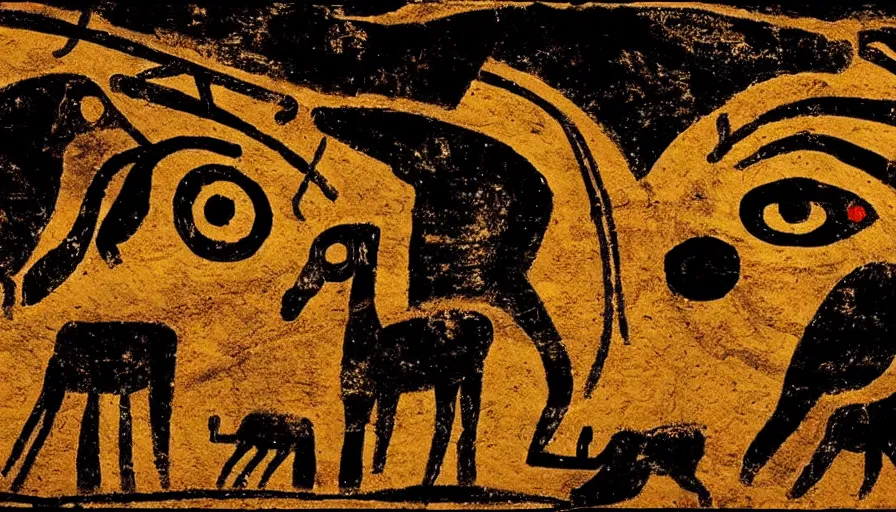 Image similar to neolithic cave painting of one eyed creatures called patapons, 4 k, history channel, psp, japan studio game, art by rolito, high quality