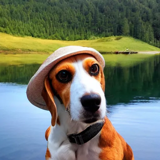 Prompt: beagle wearing a hat, posing in front of a lake
