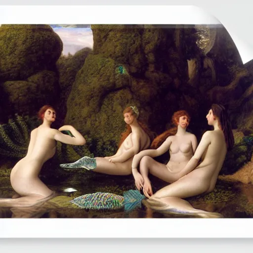 Prompt: a group of mermaids lounging in a desert oasis, by edward poynter and wlop