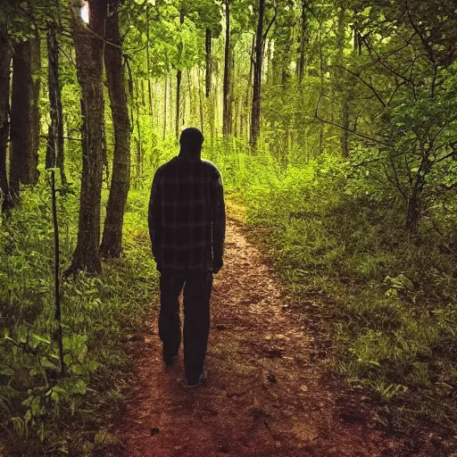 Prompt: old black man walking in woods at night, trail cam footage,