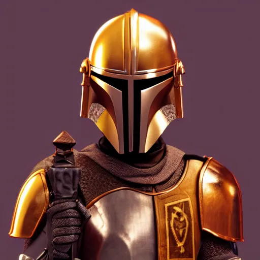 Image similar to a highly detailed knight in a mandalorian golden helmet and crown with a diamond in the center, golden armor, red leather clothes under the armor, leather gloves, holds a black sword, artstation, DeviantArt, professional, octane render, sunset lighting