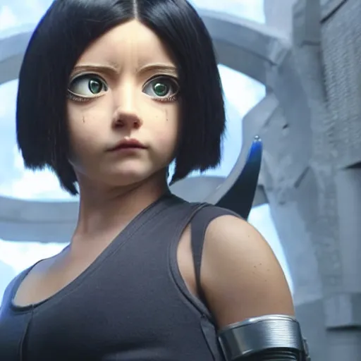 Image similar to Courtney Miller from Smosh as Alita in Alita:Battle Angel, Film Still, 35mm dramatic lighting, cinematic, deep focus, styleframe,