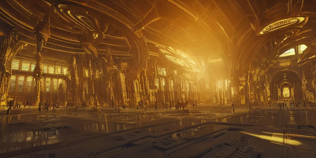Prompt: cel shaded cinematic shot of the interior of a sci-fi space station with ornate architecture with a giant golden statue in the middle, bustling with people and flying cars, epic castle, gothic architecture, emerald, crystalline, detailed illustration, sharp focus, concept art, unreal engine, octane render, god rays
