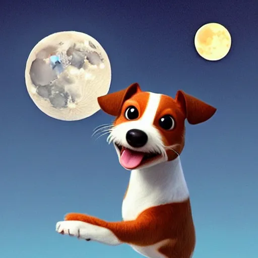 Prompt: cute pixar jack russel terrier, jumping over the smiling moon, concept art, pixar, disney studios, dreamworks animatio, fantasy illustration, artgerm, childrens story book, n