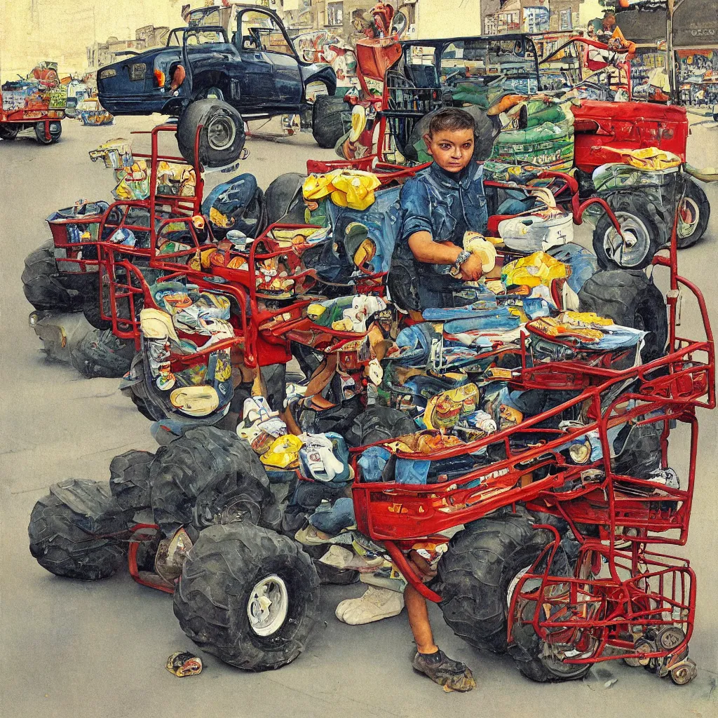 Prompt: painting of a shopping cart with monster truck wheels and large exhaust pipes in the style of norman rockwell