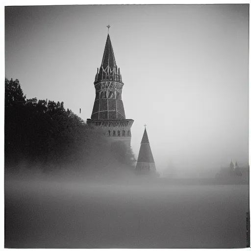 Image similar to Kremlin tower flying as rocket, foggy weather, film still, heavy grain