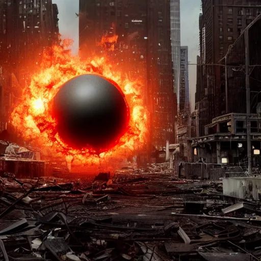 Image similar to cinematic still of giant rusty ball destroyed new york, post apocalyptic