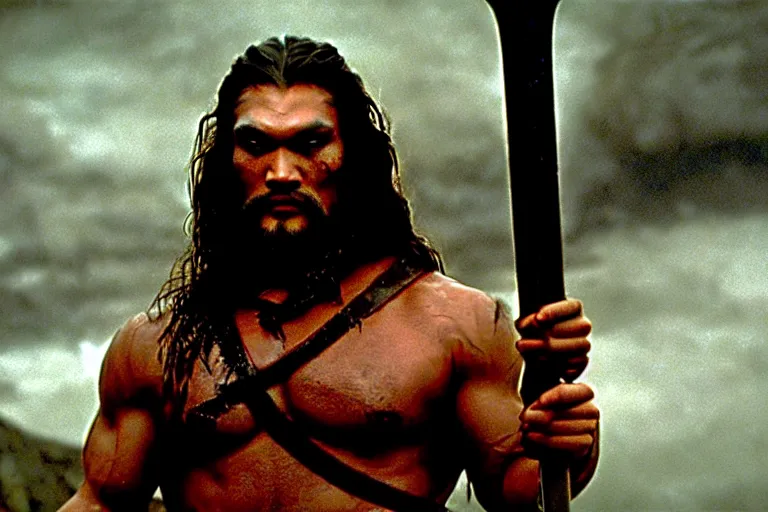 Image similar to 7 0 mm film still from conan the barbarian, jason momoa as conan holding a giant sword with both hands above his head wearing ornate dragon armor, in the wet catacombs of skulls and snakes, cinematic, volumetric lighting, mist, wet skin and windblown hair, muscular!!!, heroic masculine pose, ridley scott