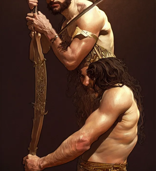 Image similar to portrait of biblical cain holding a spear, intricate, headshot, highly detailed, digital painting, artstation, concept art, sharp focus, cinematic lighting, illustration, art by artgerm and greg rutkowski, alphonse mucha, cgsociety