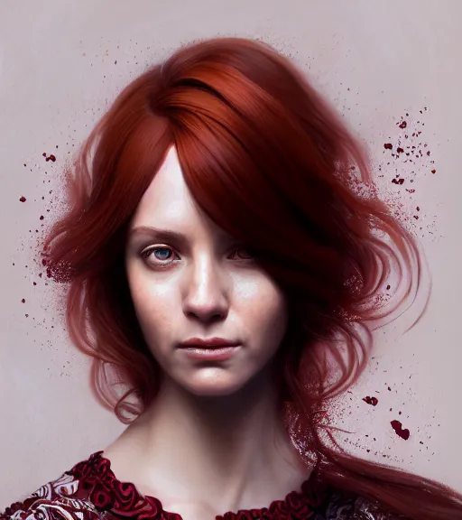 Prompt: portrait of a auburn hair, female, teacher, red wine, in heightened detail, poised, intense emotion, detailed facial expression, 8 k, hyperrealistic, detailed surroundings, intricate, elegant, highly detailed, centered, digital painting, cgsociety, concept art, smooth, sharp focus, illustration, by ( ross tran ), wlop