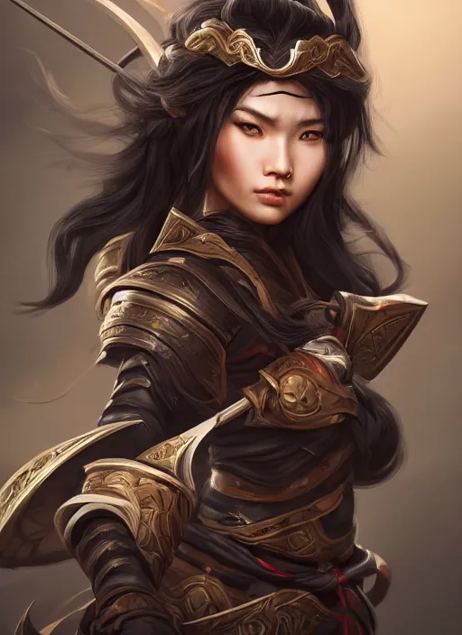 Image similar to a highly detailed illustration of fierce black haired mongol warrior woman with bow, heroic shooting bow pose, perfect hyperdetailed face, intricate, elegant, highly detailed, centered, digital painting, artstation, concept art, smooth, sharp focus, league of legends concept art, wlop.