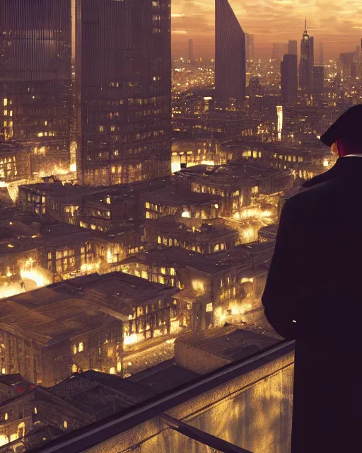 Image similar to a night rooftop scene, close up shot of a photorealistic gangster wearing a trench coat looking at the city below, unreal engine, hyper realism, realistic shading, cinematic composition, realistic render