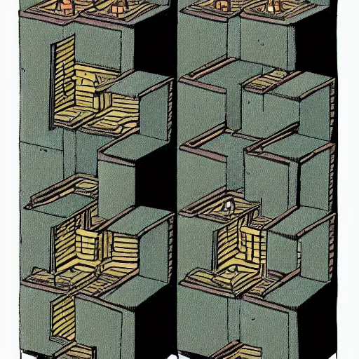 Image similar to milo manara art of woman exploring a giant menger sponge