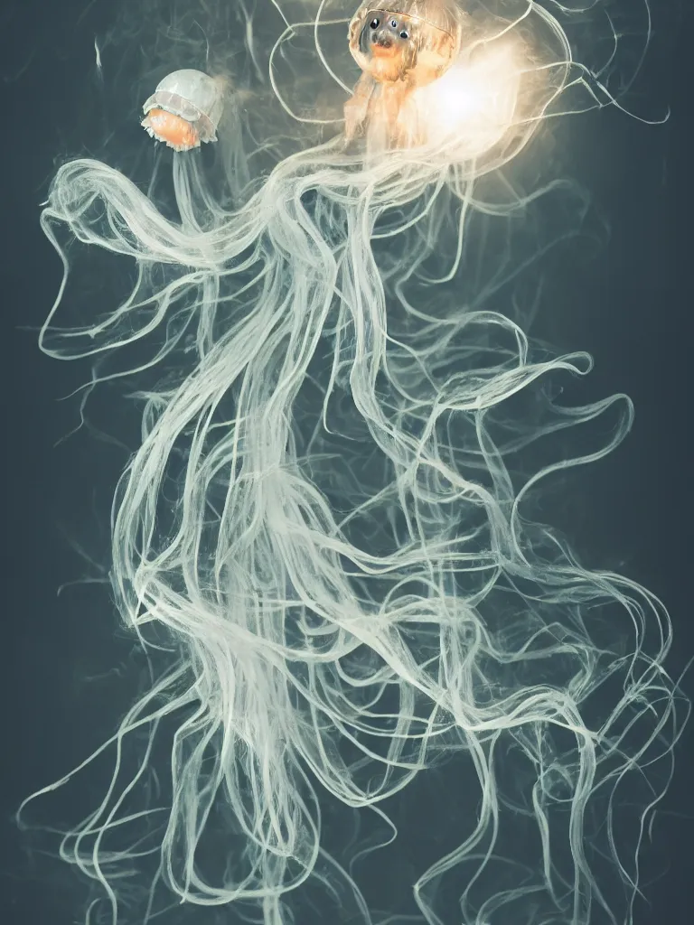 Image similar to cute fumo plush smiling ectoplasmic gothic macabre shiny jellyfish ghost girl, glowing wisps of hazy smoke, lens flare, vignette, bokeh, refraction, vray
