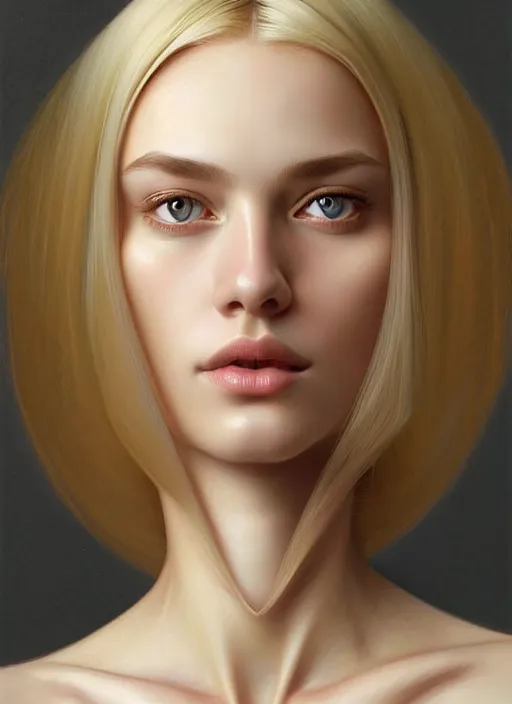 Image similar to beautiful symmetrical face! portrait of young woman blessed with ever - increasing physical and mental perfection, realism, blonde hair, perfect face!! intricate, elegant, highly detailed, vision of holy perfection!! digital painting, artstation, concept art, smooth, sharp focus, illustration, humanity, art by artgerm and greg rutkowski and alphonse mucha